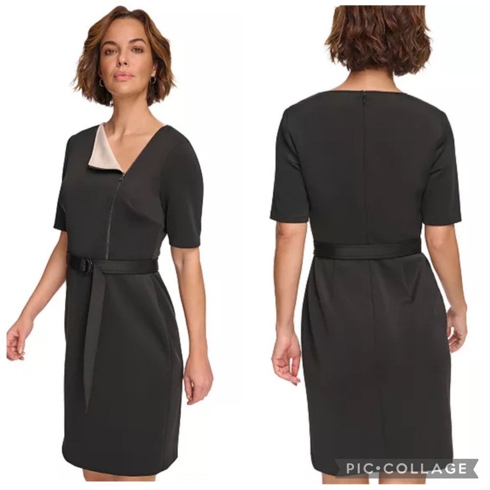 DKNY Asymmetrical Zip Detail Scuba Belted Sheath Dress Black‎ 12
